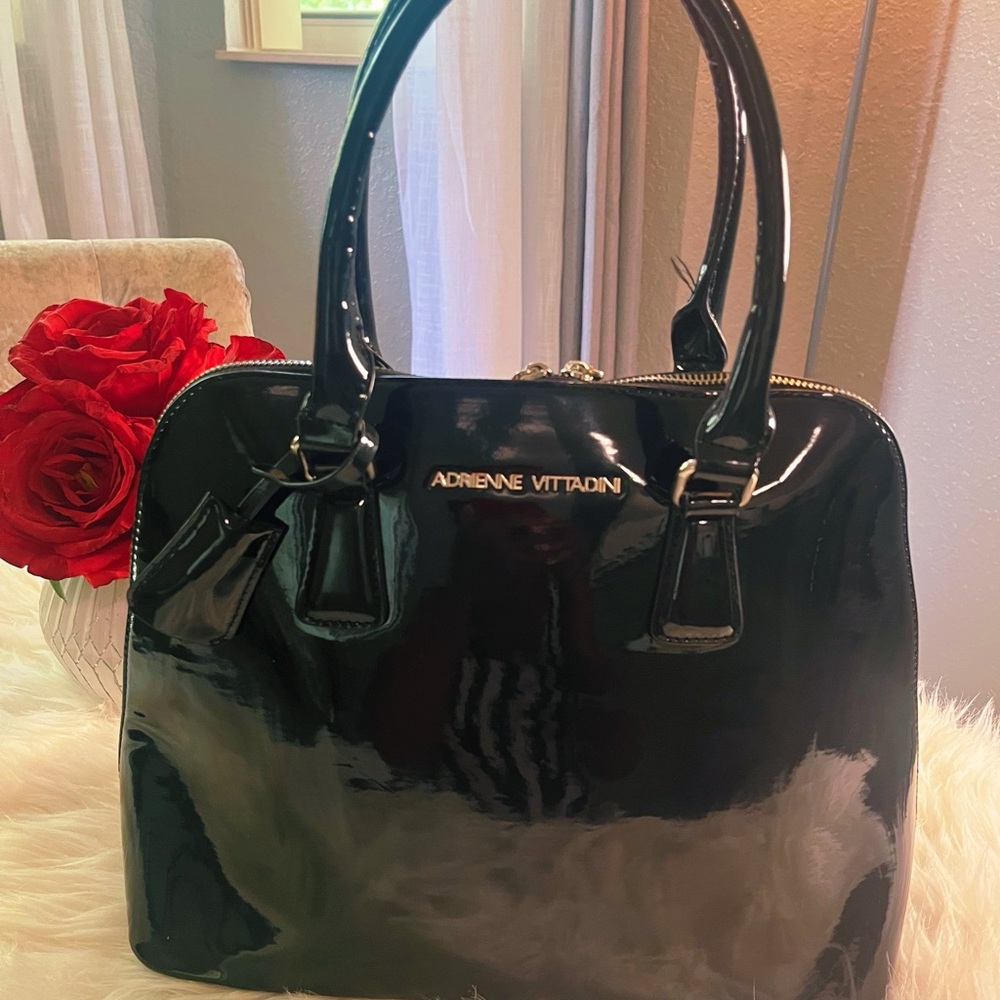 Adrienne Vittadini Black Patent Dome Satchel with Gold Hardware
